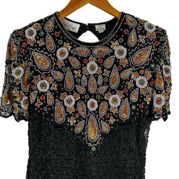 Laurence Kazar Short Sleeve Bodycon Beaded Black Mini Silk Dress Womens L Petite - Picture 2 of 16